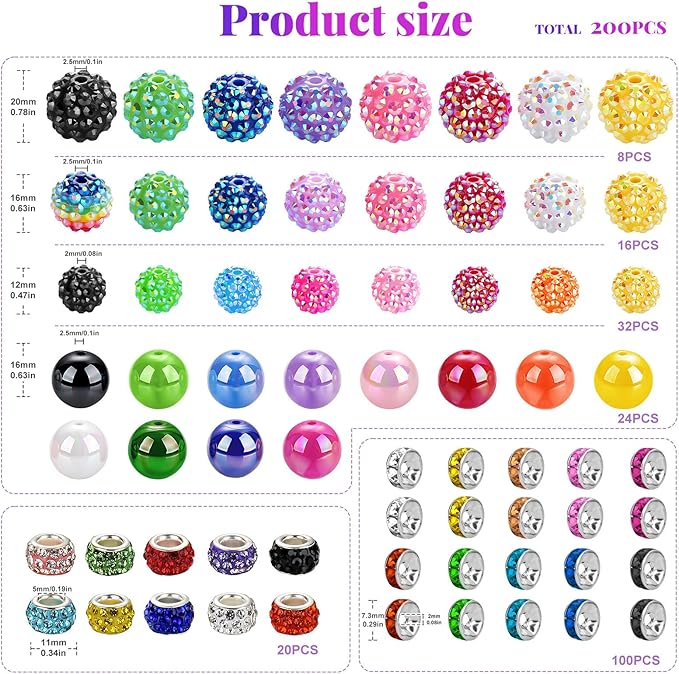 Funtopia Beads for Pens Keychains, 200pcs Bubblegum Focal Beads for Beadable Pens, 12mm 16mm 20mm Rainbow Acrylic Chunky Beads with Rhinestone Rondelle Spacer Bead for DIY Craft Making Supplies