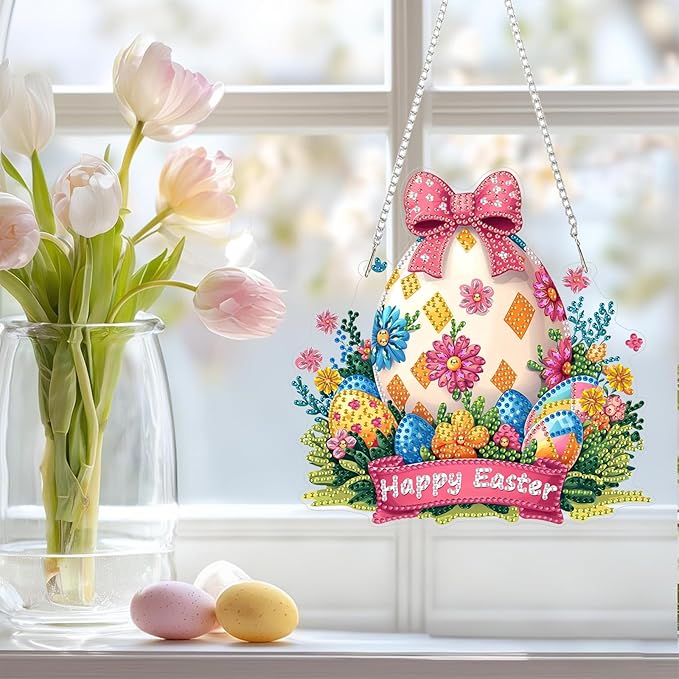 NAIMOER Easter Egg Diamond Art Hanging Kits for Adults, 5D Special Shaped Rhinestone, DIY Acrylic Spring Diamond Art Painting Window Pendants Home Garden Wall Hanging Ornament Kits, Double Sided