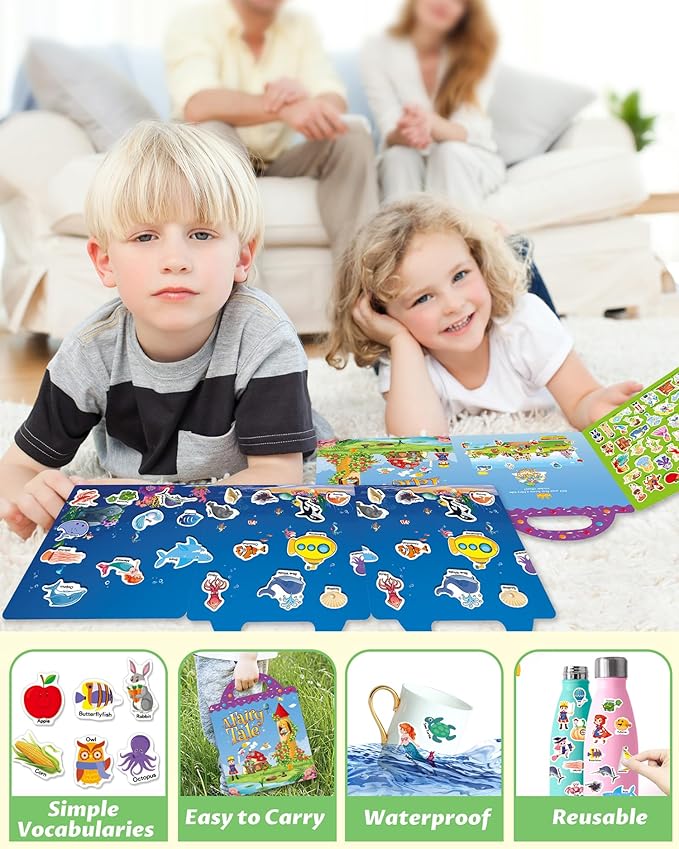 walenced reusable sticker book for toddlers, stickers for kids, toddler sticker book, toddler craft activities, toddler travel toys ages 3 and up boy girl birthday gifts