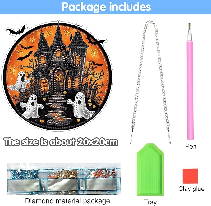 Reofrey Hanging Diamond Art Kits for Adults - 8x8 Inch Halloween Ghost Acrylic Board Double Sided Pattern Diamond Art Suncatcher Pendant, Crystal Art for Home Wall or Window Decoration Handmade Gift