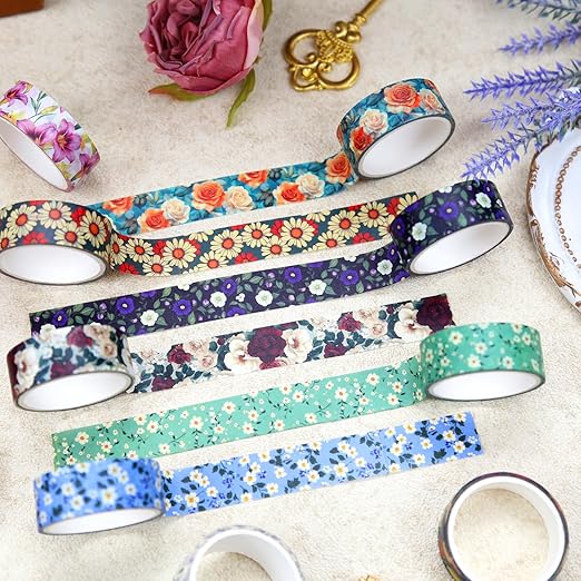 12 Rolls Flower Washi Tape Set, Colorful Floral Decorative Tape Vintage Botanical Masking Tape for Journaling Supplies, Junk Journal, Scrapbooking, DIY Arts & Crafts, Gift Wrapping