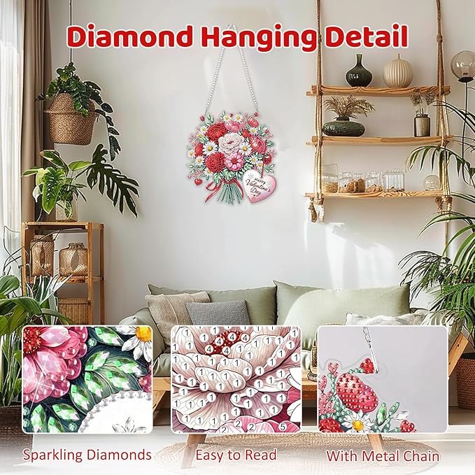 MEIYUDA Valentine's Day Hanging Diamond Art Kits for Adult, Flowers Diamond Painting Hanging Kits Ornaments, DIY Special Shaped Rhinestone Window Pendants kit for Home Garden Wall Decor Gift