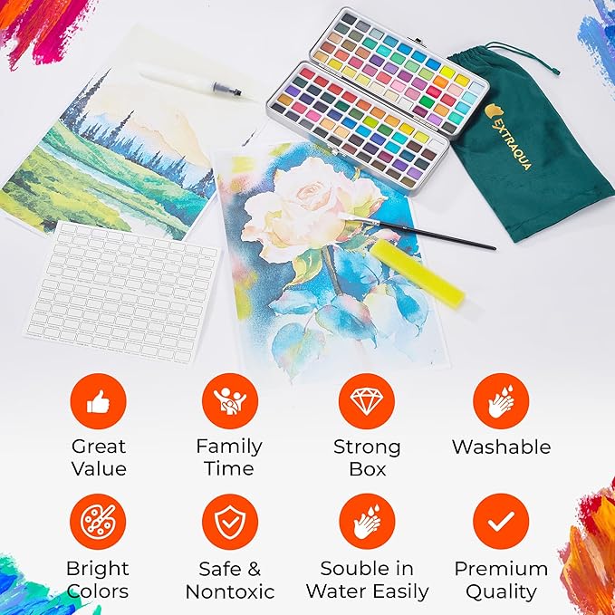 Watercolor Paint Set - 100 Colors with Metallic, Macaron & Fluorescent Shades - Washable, Non-Toxic Portable Paint Kit with Water Brush, Palette & Case - Painting Supplies for Beginner & Professionals