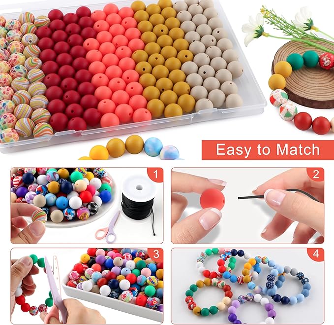 150Pcs Mixed Color 15mm Silicone Beads for Keychain Making, Orange Mustard Yellow Print Silicone Beads for Pens and Bracelet Jewelry Making