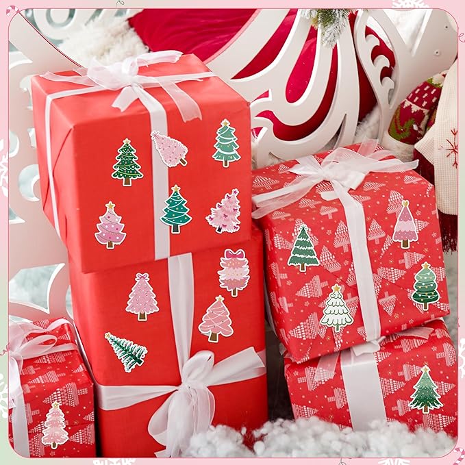 beyumi christmas pine tree sticker - 1000pcs pink and green xmas pine tree stickers in 2 rolls waterproof vinyl winter christmas cute decals party favor classroom bottle envelope gift decor for kids