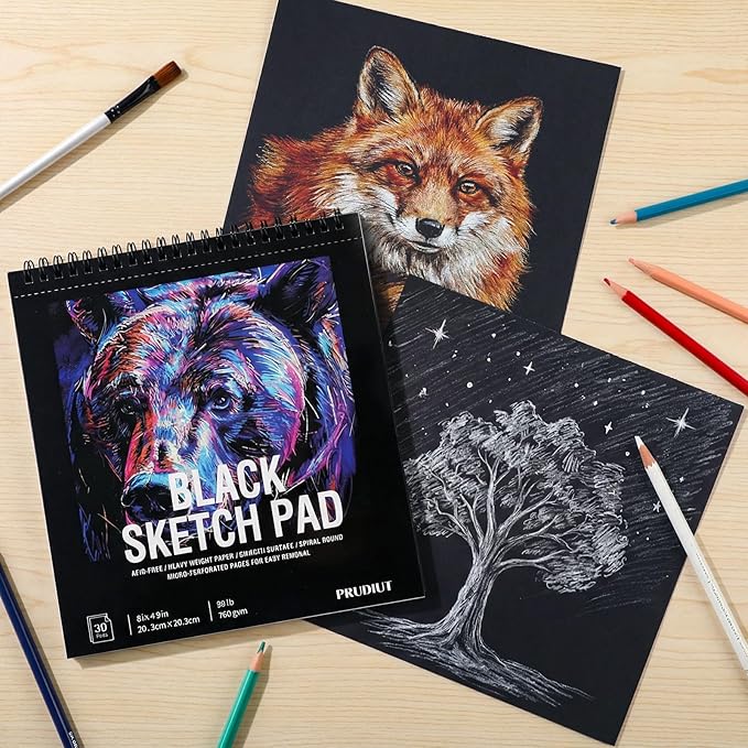 30 Sheets Black Paper Sketchbook, 98lb/160gsm Heavyweight Black Sketch Pad 8×8in, Acid-Free Drawing Paper, Spiral Bound Sketch Book for Teens, Artist