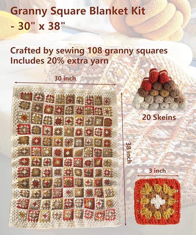 Kitcroet Crochet Kit, Complete Starter Kit for Beginners, Large Granny Squares Blanket with Video & Writtern Instructions, Easy to Learn Crochet Kit