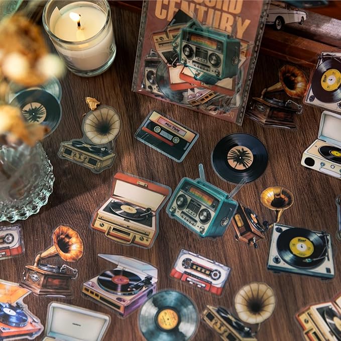 Doukado 120 Pieces Vintage Decorative Journaling PET Stickers, Phonograph Car Musical Instruments Furniture Scrapbook Sticker for DIY Crafts, Junk Journal, Crafting, Art Projects and Decoration