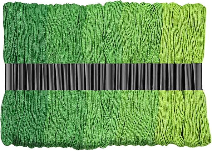 25 Skeins Green Series Cross Floss Stitch Thread, 8m Cotton Embroidery Floss Set with Plastic Bobbins & Needle