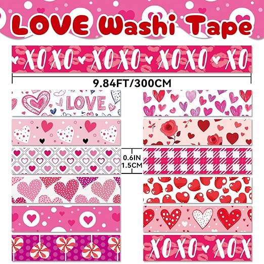 12 Rolls Love Heart Washi Tape Set, Pink Heart Floral Decorative Tape Red Purple XOXO Valentine Masking Tape for Journaling Supplies,Scrapbooking,Wedding Party, Planner,DIY Arts & Crafts