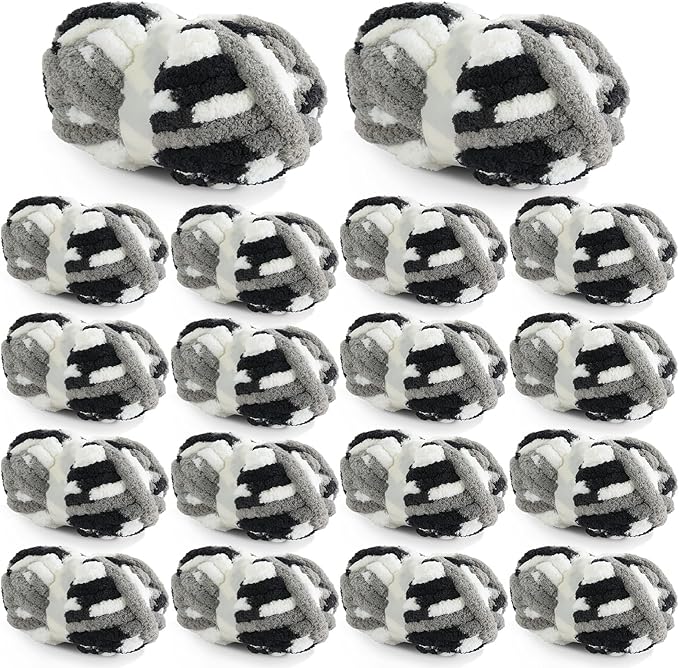 HOMBYS Chunky Tie Dye Mix Chenille Yarn for Hand Knitting, Super Bulky Jumbo Yarn for Crocheting, 3/4" Thick Soft Plush Yarn for Blankets, 18 Skein Pack (26 yds / 7.5 oz Each) Black, White, Grey