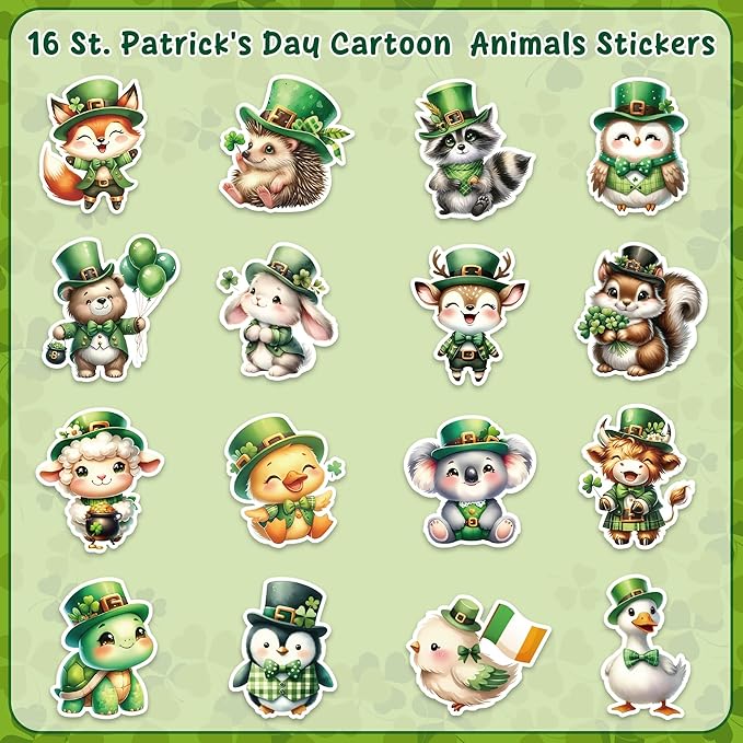 h1vojoxo st. patrick's day sticker rolls - 1000pcs shamrock irish cute cartoon stickers for kids 16 design st. patrick's cute animal sticker for craft st. patrick cartoon animal stickers for envelope