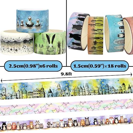Kawaii Washi Tape Set - 24 Rolls Cute Animals Aesthetic Decorative Washi Tape for Scrapbooking Supplies, Bullet Journal Supplies, Junk Journal, Kids Art Craft Tape