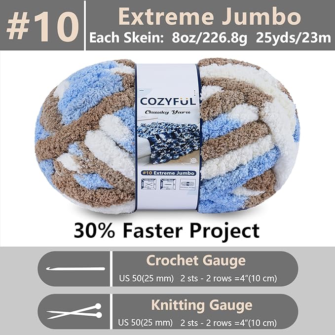 Chunky Yarn for Hand Knitting - #10 Chunky Chenille Blanket Yarn, Jumbo Big Thick Chunky Yarns for Crocheting, Tie Dye Bulky Knit Yarns, 8 Skein (25 yds 8 oz Each Skein), Khaki & Blue & White