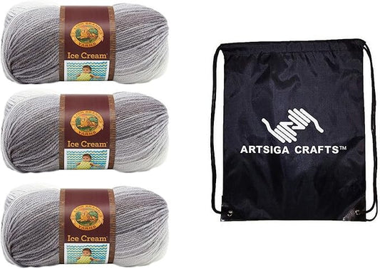 Lion Brand Ice Cream Cookies & Cream 923-200 (3-Skeins - Same Dye Lot) Baby Sport #2 Acrylic Yarn for Crocheting and Knitting with Project Bag