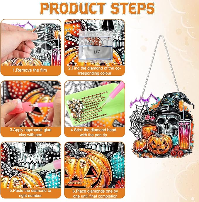 RICUVED Diamond Art Hanging Kit for Adult, Skull Special Shaped Crystal Gem Craft Halloween Diamond Painting Pendant Kit for Beginners, DIY Pumpkin Hanging Diamond Art Ornament Kit for Home Garden