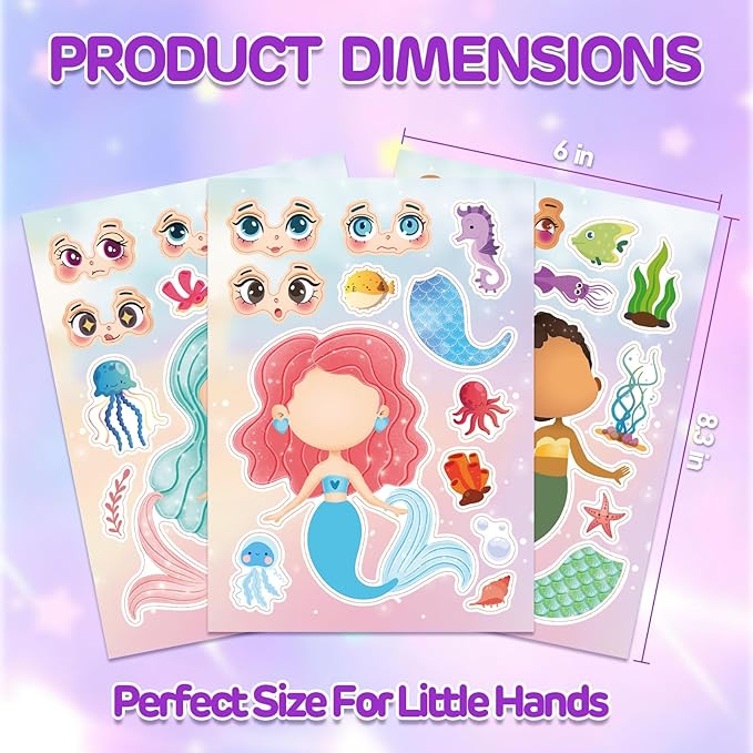 aowplc 32 sheets mermaid make‑a‑face stickers for kids, mermaid party favors for girls, birthday crafts, goodie bag stuffers