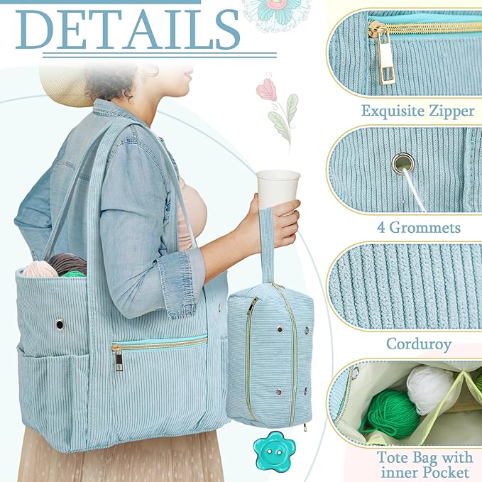 Bulyoou 2 Pcs Crochet Bag and Tote Set Corduroy Yarn Bag Crochet Tote Bag for Crochet Hooks Organizer Yarn Holder for Crochet Lovers Knitting Bag Crochet Accessories(Blue)