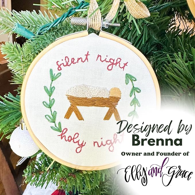 elly & grace christian embroidery kit with embroidery hoop, easy embroidery kit for beginners and adults, full embroidery hoop kit with needles and thread included (silent night)