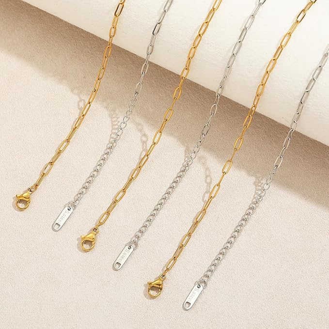 Swyabi 10 PCS Paperclip Chain Bracelet Kit 6.5 Inch Stainless Steel Charm Bulk Bracelets with Extender for DIY Jewelry Making (Gold + Steel）