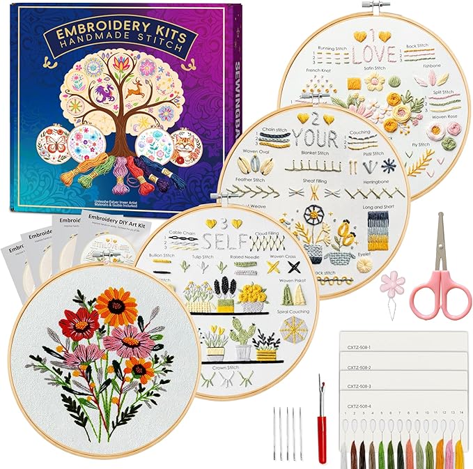 Huacan Embroidery Kit for Adults Beginner - Embroidery Kits for Adults Beginner, Hand Stitching Kit Art Craft, DIY Sewing Kit with Box 7.9 x 7.9 Inch (CXTZ-508)