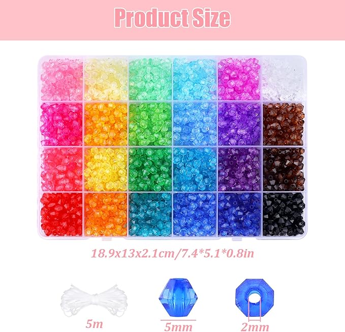 Crystal Beads for Jewelry Making 3000pcs Bicone Bracelet Bead Faceted Acrylic Beads 24 Colors Rainbow Loose Craft Bead for Jewelry Making, DIY Bracelets, Necklaces, Curtain, Key Chains