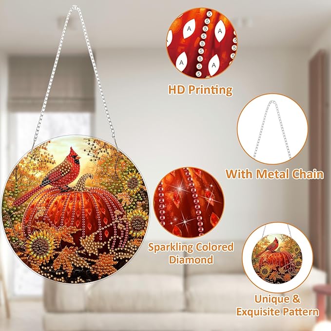 SENQAO Cardinal Diamond Art Hanging Kits for Adults Kids, Acrylic Diamonds Painting Pendant Board Kits Pumpkin, Diamond Art Painting Window Pendants Home Garden Wall Hanging Kits Hanging Ornament