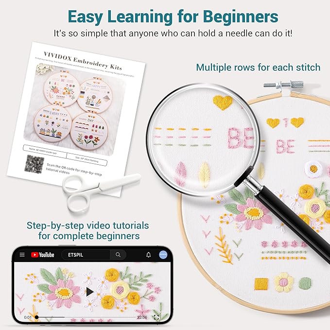 VIVIDOX 4 Sets Embroidery Kit for Beginners Adults, 25 Stitches Practice Kits Cross Stitch for Starter, DIY Hand Craft with Stamped Pattern, Bamboo Hoop, Threads, Scissors, Tools, Instruction