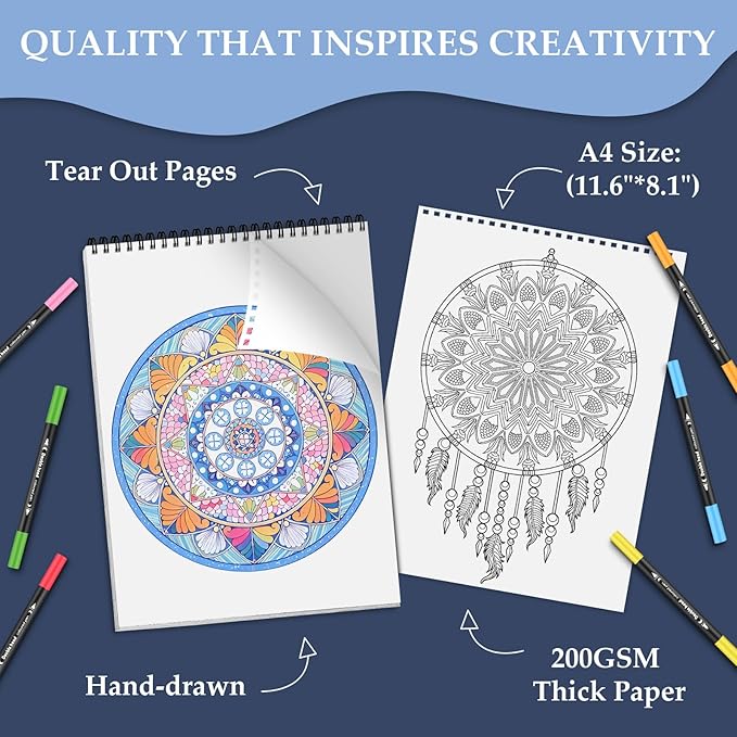 Mandala Coloring Book for Adults Relaxation, 24 Patterns Adult Coloring Books for Women Stress Relief, Inspirational Gift for Women & Men, Spiral Bound Mindfulness Coloring Book, Single-Sided Print