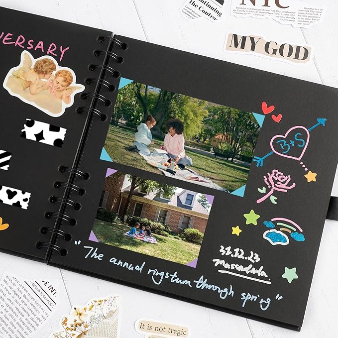 8 x 8 Inch Small Black Scrapbook Album, 40 Pages Photo Album with Black Pages, Kraft Paper Hardcover Memory Book with DIY Accessories Kit for Mother's Day Wedding Travel