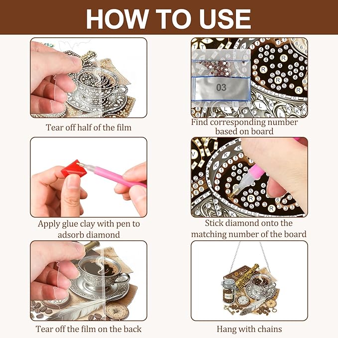 CEOVR Coffee Hanging Diamond Art for Adults, Coffee Diamond Painting Pendant DIY Gem Art Wall Hanging Ornament, Acrylic Home Garden Decor with Chain, Box Kit 7.81×6.92inch
