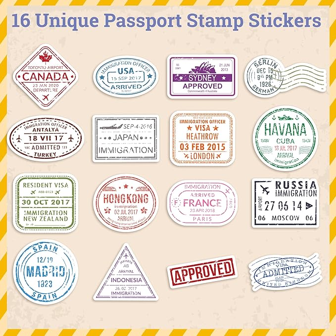 h1vojoxo passport stamps sticker rolls - 1000pcs decorative mini vintage travel country stickers for luggage 16 countries retro travel passport stamps stickers for adults laptops suitcases scrapbook