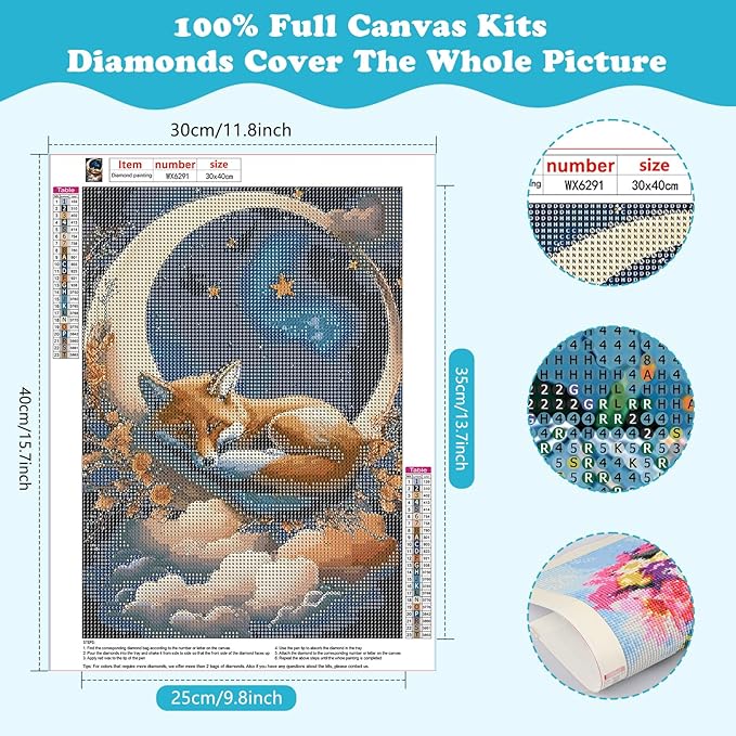 SENQAO Fox Diamond Painting Kits, Fox Diamond Art Kits for Adults, Moon Diamonds Gem Art DIY 5D Full Round Drill Diamond Dots Painting Arts and Crafts Home Wall Decor 12x16inch