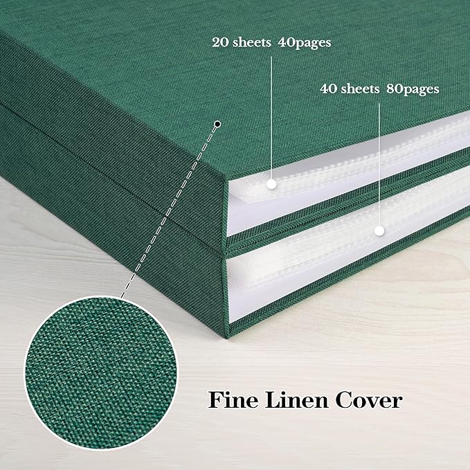 Mublalbum 12x12 Inch DIY Scrapbook Photo Album with 40 Plastic Sleeves 80 Pages Linen Cover 3 Ring Folder Binder for Wedding Baby Family and DIY Projects (Dark Green)