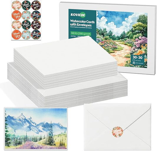 30 Packs Blank Watercolor Cards with Envelopes 5x7 Inch – 140lb/300gsm 100% Cotton Non-Folded Acid-Free Heavyweight Watercolor Postpaper for Painting, Greeting Cards, DIY Art Projects