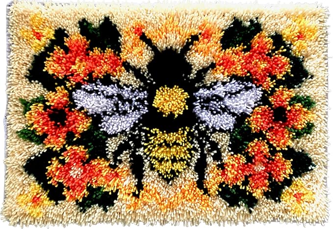 Golden Bee and Flower Latch Hook Kit, Vibrant Floral Bee Rug Design for Home Décor, Nature Inspired Latch Hook Rug , DIY Rug Making Kit for Adults & Beginners, 23.6''x15.8'' (Bee & Blossoms)