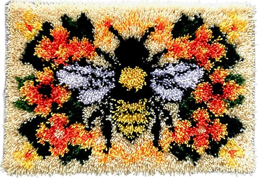 Golden Bee and Flower Latch Hook Kit, Vibrant Floral Bee Rug Design for Home Décor, Nature Inspired Latch Hook Rug , DIY Rug Making Kit for Adults & Beginners, 23.6''x15.8'' (Bee & Blossoms)