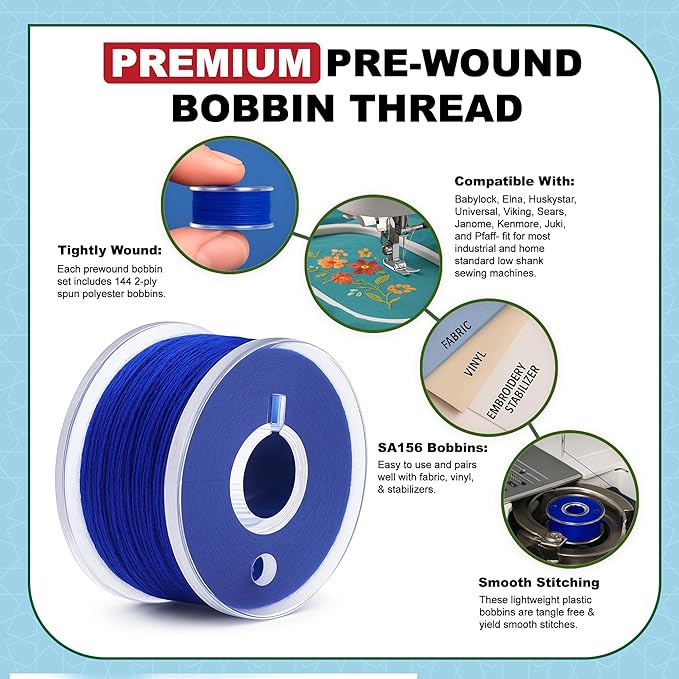 Mandala Crafts 144 Blue SA156 Prewound Bobbins for Singer Sewing Machine -15J SA156 Prefilled Bobbin Thread for Brother Sewing Machine and Embroidery