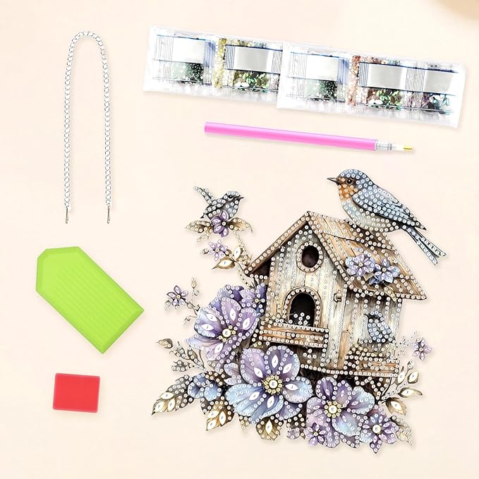 Lxmsja DIY Birdhouse Diamond Painting Hanging Ornament, Double-Sided Acrylic Flowers Bird Diamond Art Kit, Special Shaped Drill Pendant Window Art Kit, Suncatcher Hanging Craft Decoration 8x8 inch