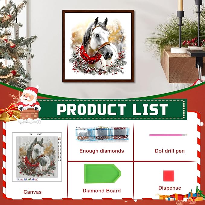 EMIEAUFG Christmas Diamond Art Kits for Adults, Horse Diamond Paiting Kit for Beginners, 5D DIY Round Full Drill Craft Diamond Dot Gem Art, Home Wall Decor 14" x 14"