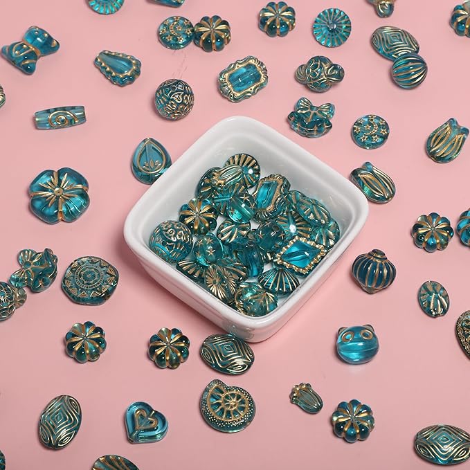 7.5 OZ Assorted Vintage Acrylic Beads For Jewelry Making, Song Xi Unique Flower Rose Czech Beads For Bracelet Earrings, Bohemia Style, Bulk, Arts and Crafts, DIY Holiday Gift (240-260 PCS, Bule-Green)