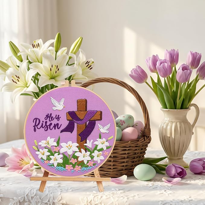 Nuberlic Lily Pattern Embroidery Kits for Beginner Adults, Cross Stitch Starter Kit with Embroidery Hoop Needles Threads Instruction -Easter Jesus