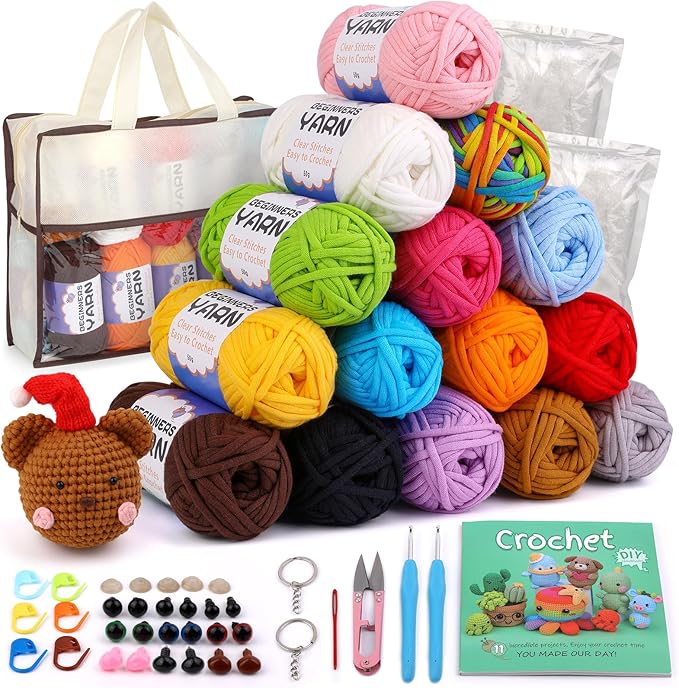 Completed Beginner Yarn, Yarns for Crocheting, Easy Yarns, 15 Pack Crochet Yarn with Easy-to-See Stitches for Beginners Crochet Kit