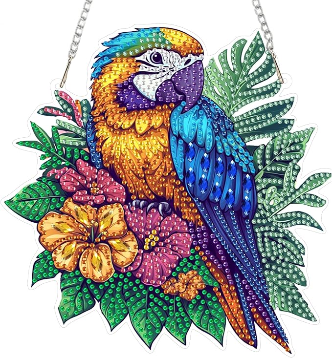 RICUVED Hanging Diamond Art Painting Kit Parrot, Special Shaped Crystal Gem Craft Bird Diamond Painting Pendant Kit for Adults Beginners, DIY Hanging Acrylic Diamond Art Ornament Kit for Home Garden