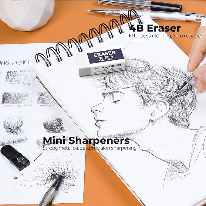 Nicpro 26PCS Art Drawing Supplies Kit, Mechanical Pencils Set 0.5, 0.7, 0.9 & 2mm, 100 Sheets Sketch book, 172PCS Lead Refills, School Supplies Gifts for Artist Adults Teens Girls Boys Sketching