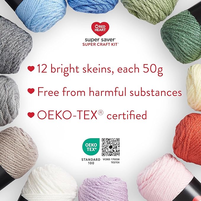 Red Heart Super Saver Yarn Super Craft Kit Pastels, with 12 Pack of 50g/1.7 oz. 4 Medium Worsted Yarn for Knitting & Crocheting, 12 Colors, Perfect for Chunky Sweaters, Blankets, Amigurumi