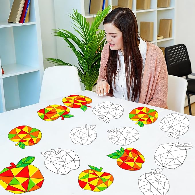Qyeahkj 30Pcs Thanksgiving Fall Crafts Kits for Autumn Apple Suncatcher Ornaments Coloring Window Clings Color Your Own Fall Arts Crafts DIY Painting Party Gift for Home Decor