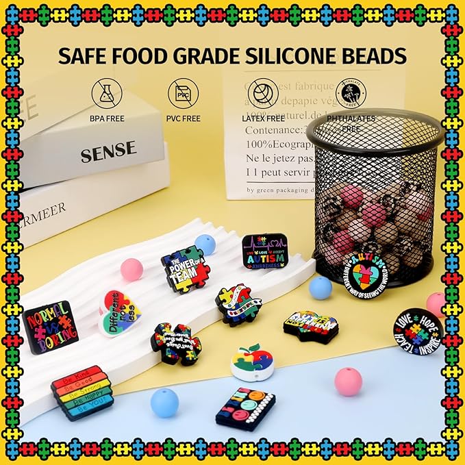 12pcs Autism Silicone Focal Beads, Focal Beads for Pens，Keychain Making, Bracelet, Necklace Crafts, Bulk for DIY（Autism）