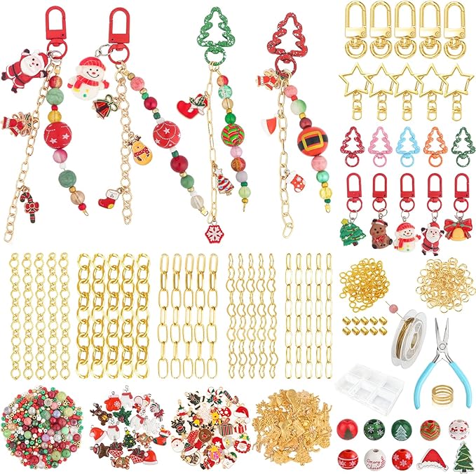 Ecoofor 251 Pcs Christmas Keychain Making Kit for Adults — Includes 20 Keychain Clips, 25 Extender Chains, 81 Charms, Beading Accessories, Jewelry Pliers — DIY Bag Charms & Jewelry Craft Kit