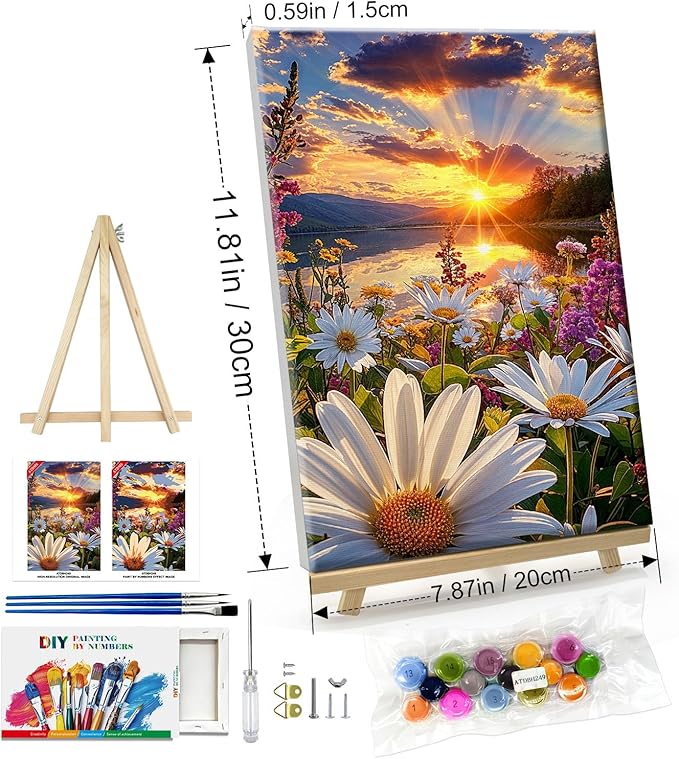 ATDMS Paint by Numbers Kit for Adults with Frame Landscape Paint by Number with Easel DIY Flowers Adult Paint by Number Kits Sunset Paint by Numbers Kit on Canvas for Gift Home Wall Decor 8x12 Inch